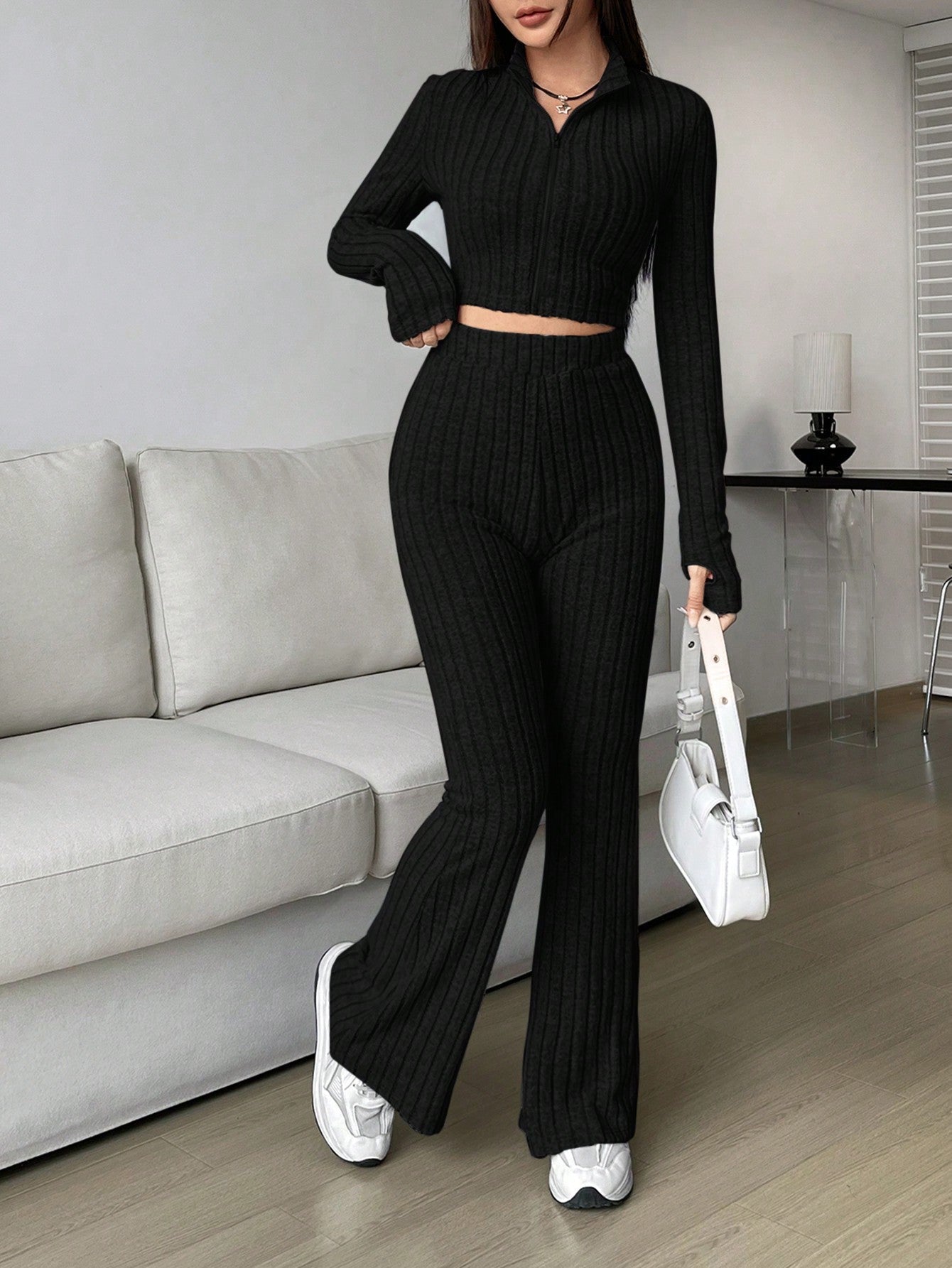 Solid Cropped Tee & Flare Pants Set