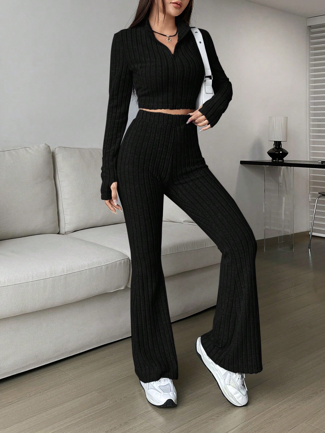 Solid Cropped Tee & Flare Pants Set