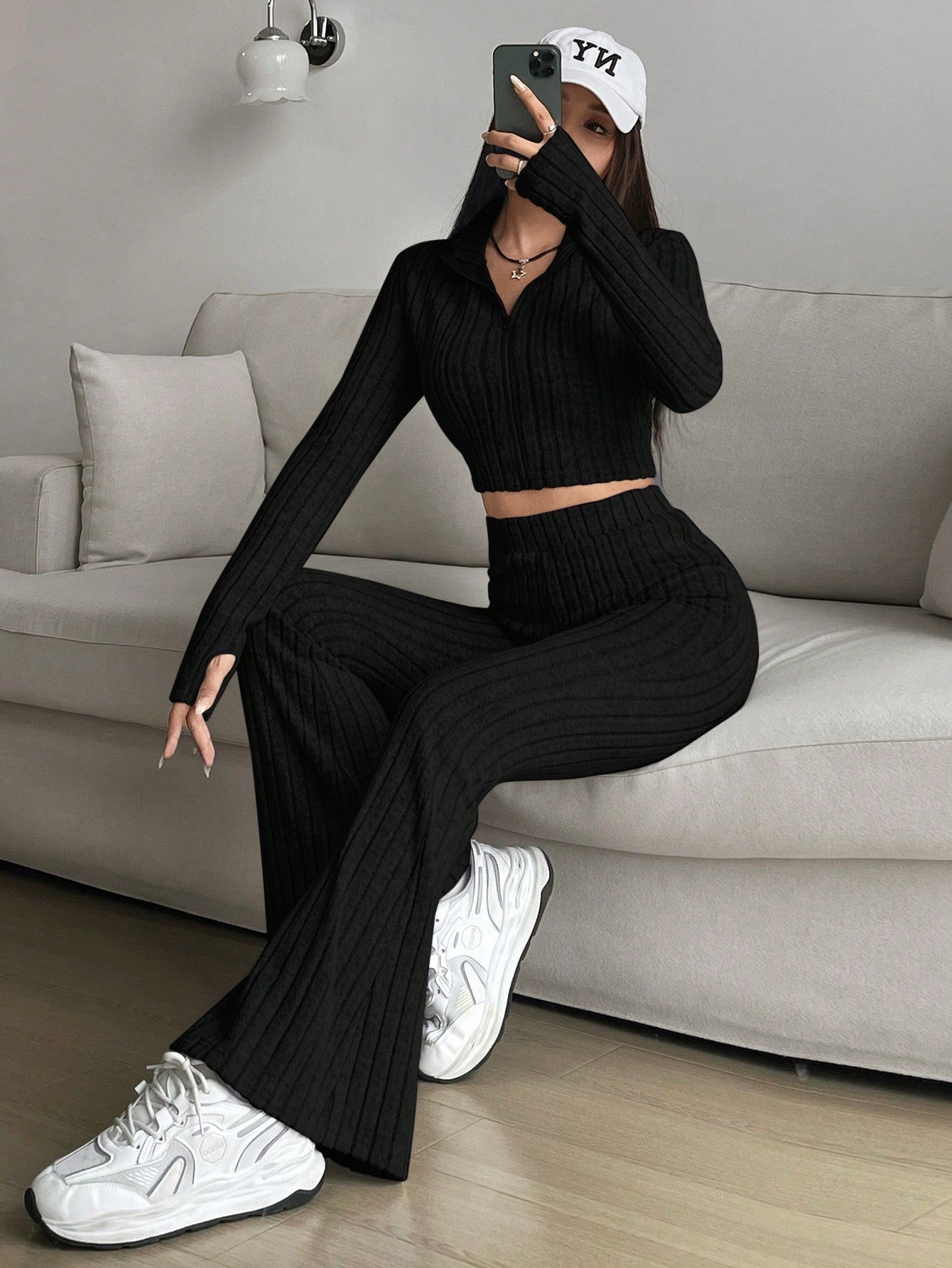Solid Cropped Tee & Flare Pants Set