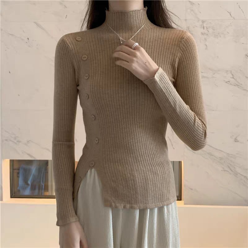 Slim Semi-Turtleneck Button Pullover