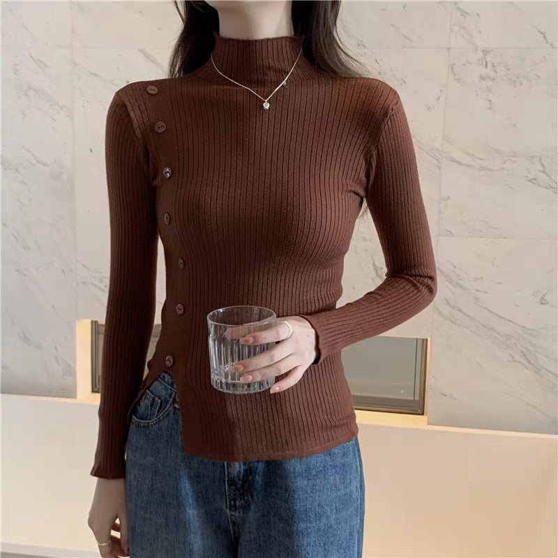 Slim Semi-Turtleneck Button Pullover