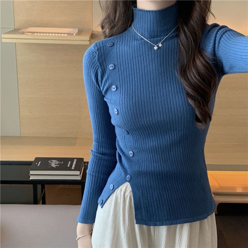 Slim Semi-Turtleneck Button Pullover