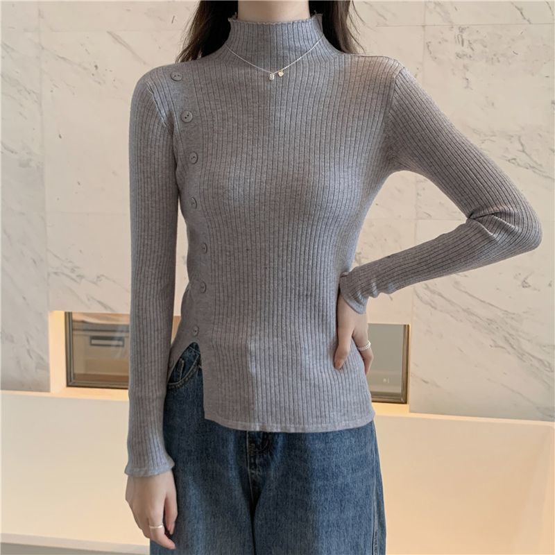 Slim Semi-Turtleneck Button Pullover