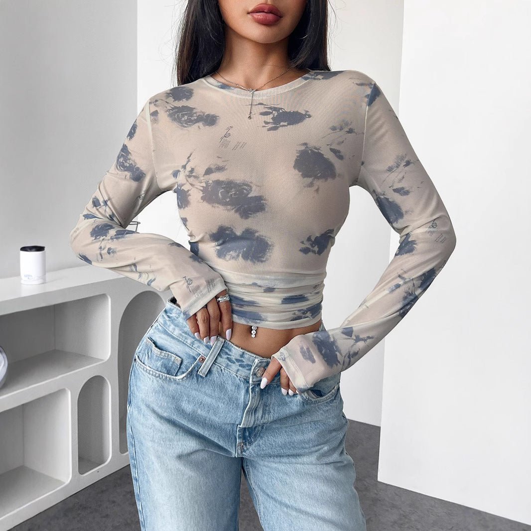 Floral Mesh Pleated Cropped Top
