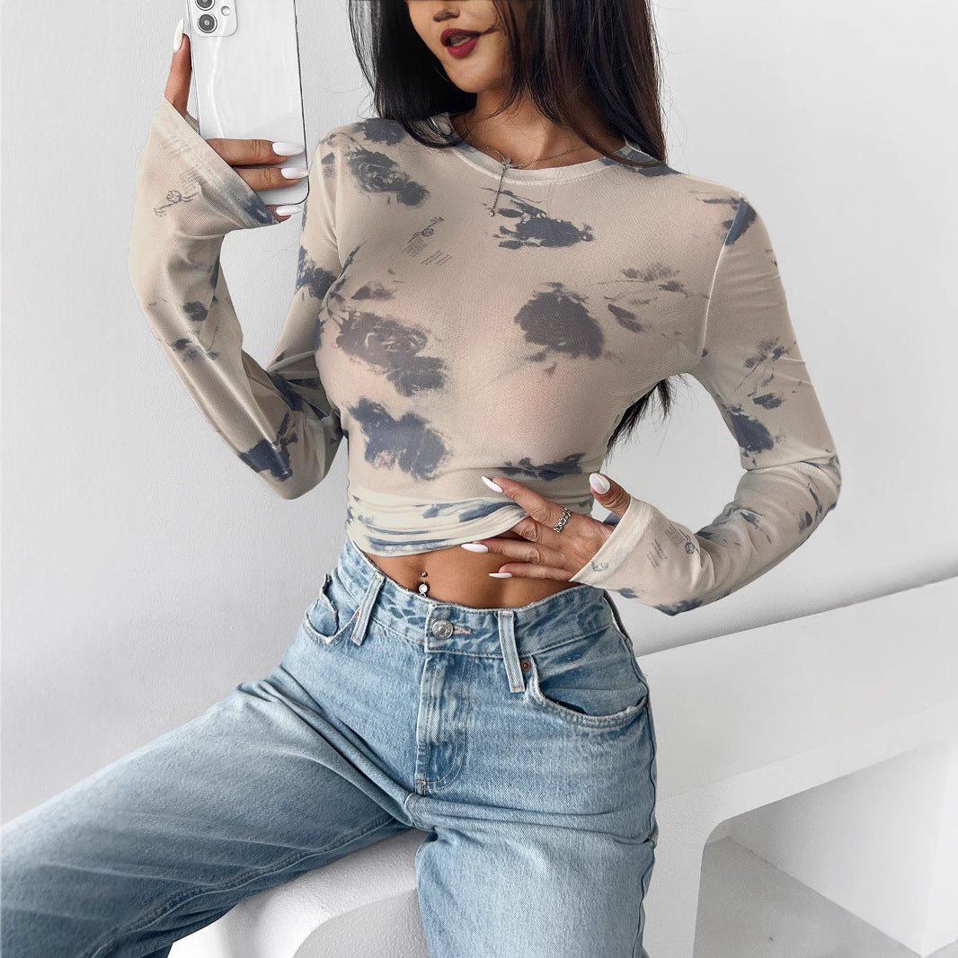 Floral Mesh Pleated Cropped Top