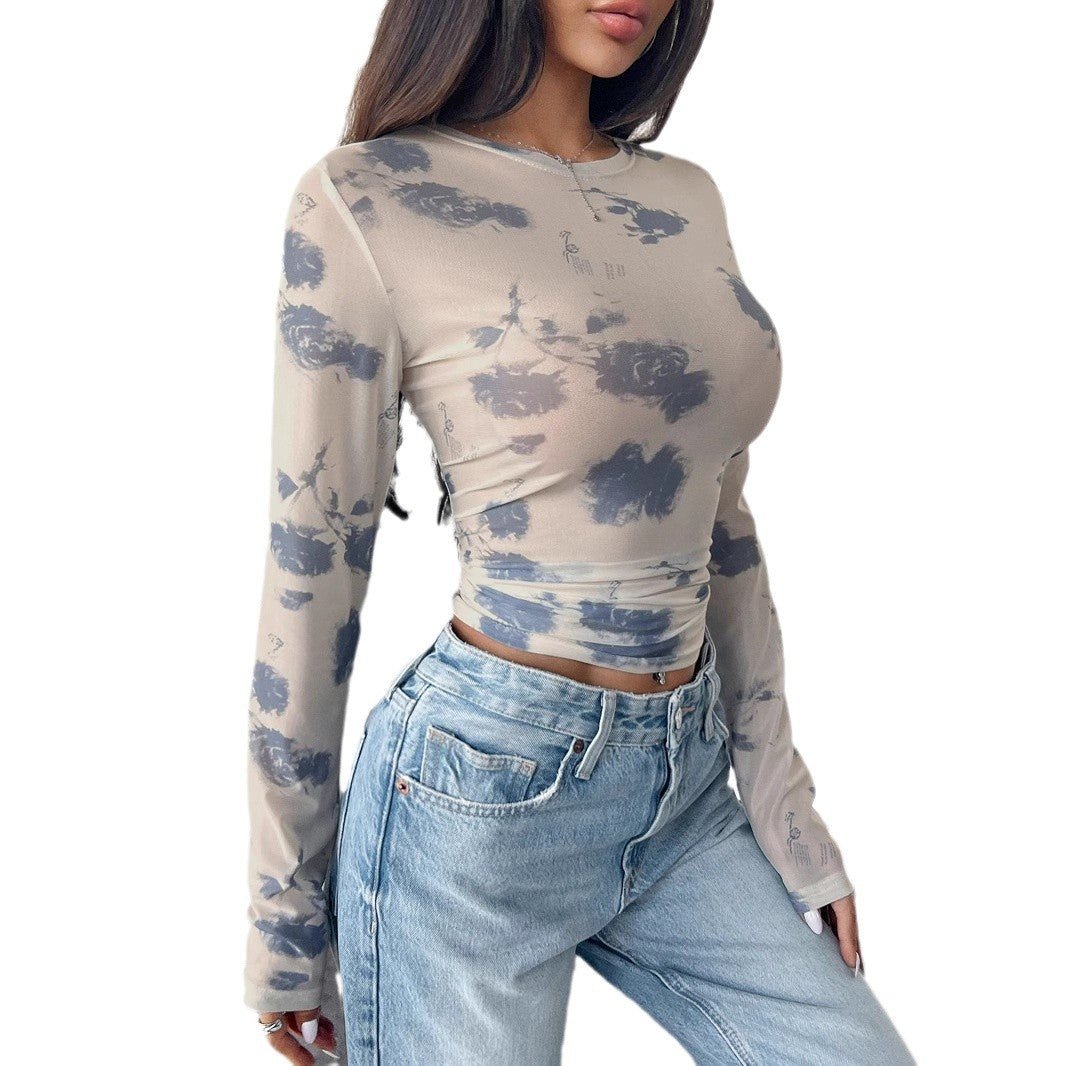 Floral Mesh Pleated Cropped Top