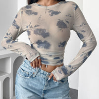 Floral Mesh Pleated Cropped Top