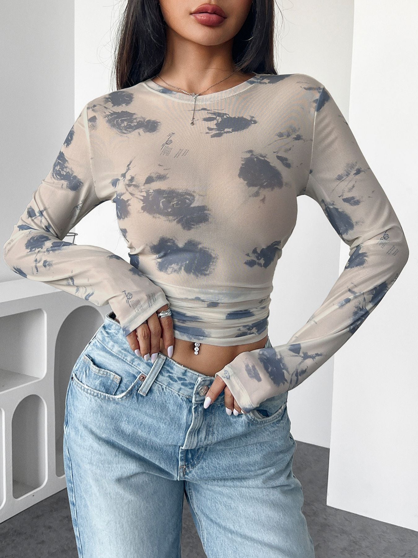 Floral Mesh Pleated Cropped Top