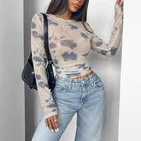 Floral Mesh Pleated Cropped Top