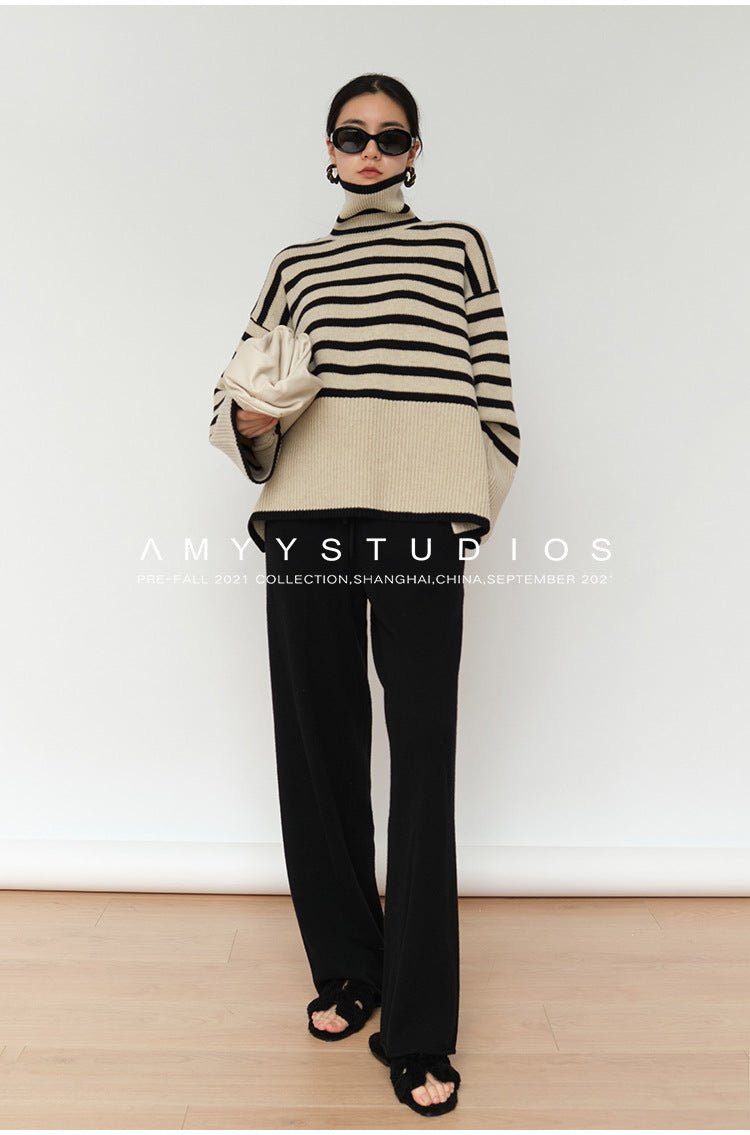 Loose Striped Turtleneck Pullover