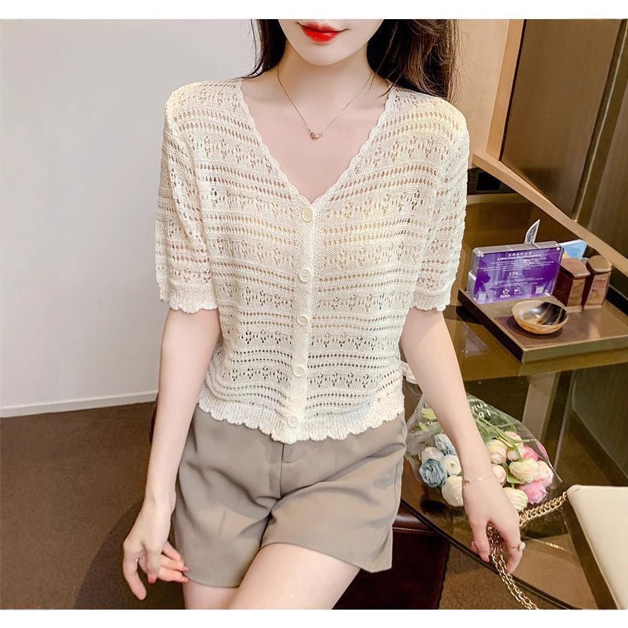 Women’s Ice Curve V-Neck Hollow-Out Short Cardigan