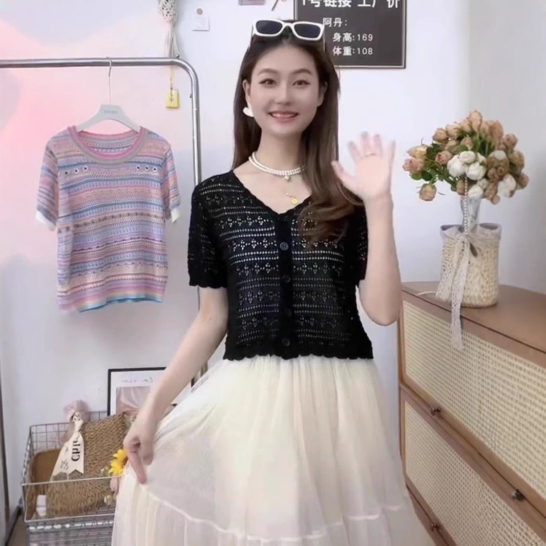 Women’s Ice Curve V-Neck Hollow-Out Short Cardigan