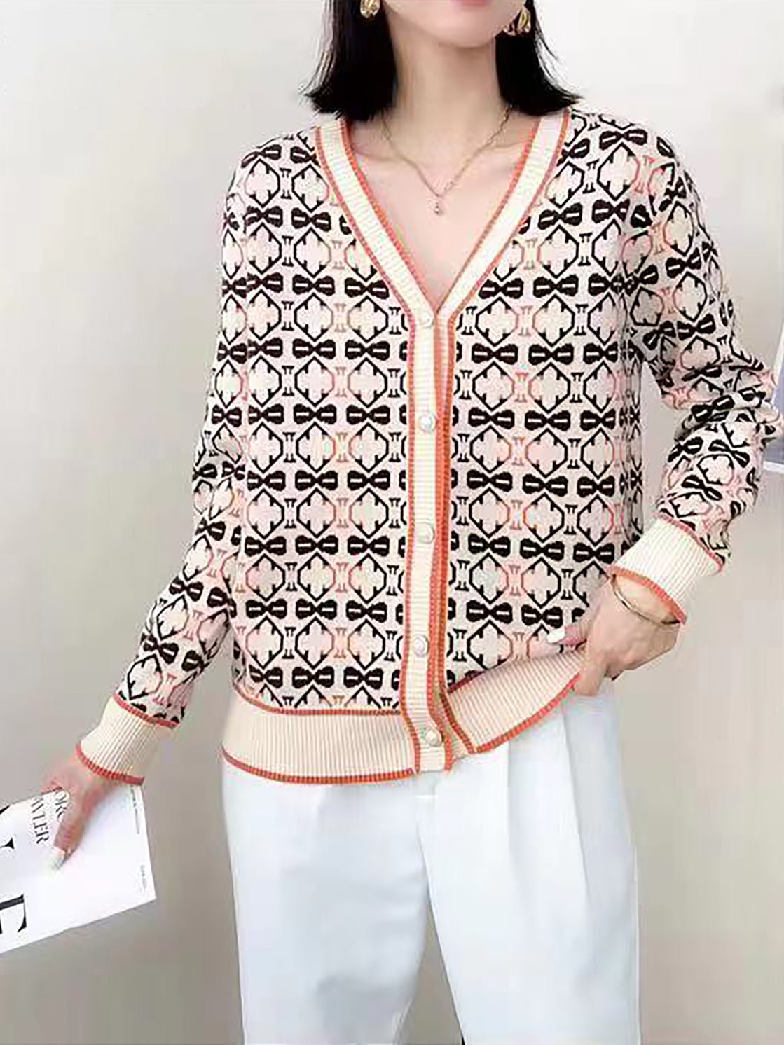 Patterned V-Neck Button Cardigan