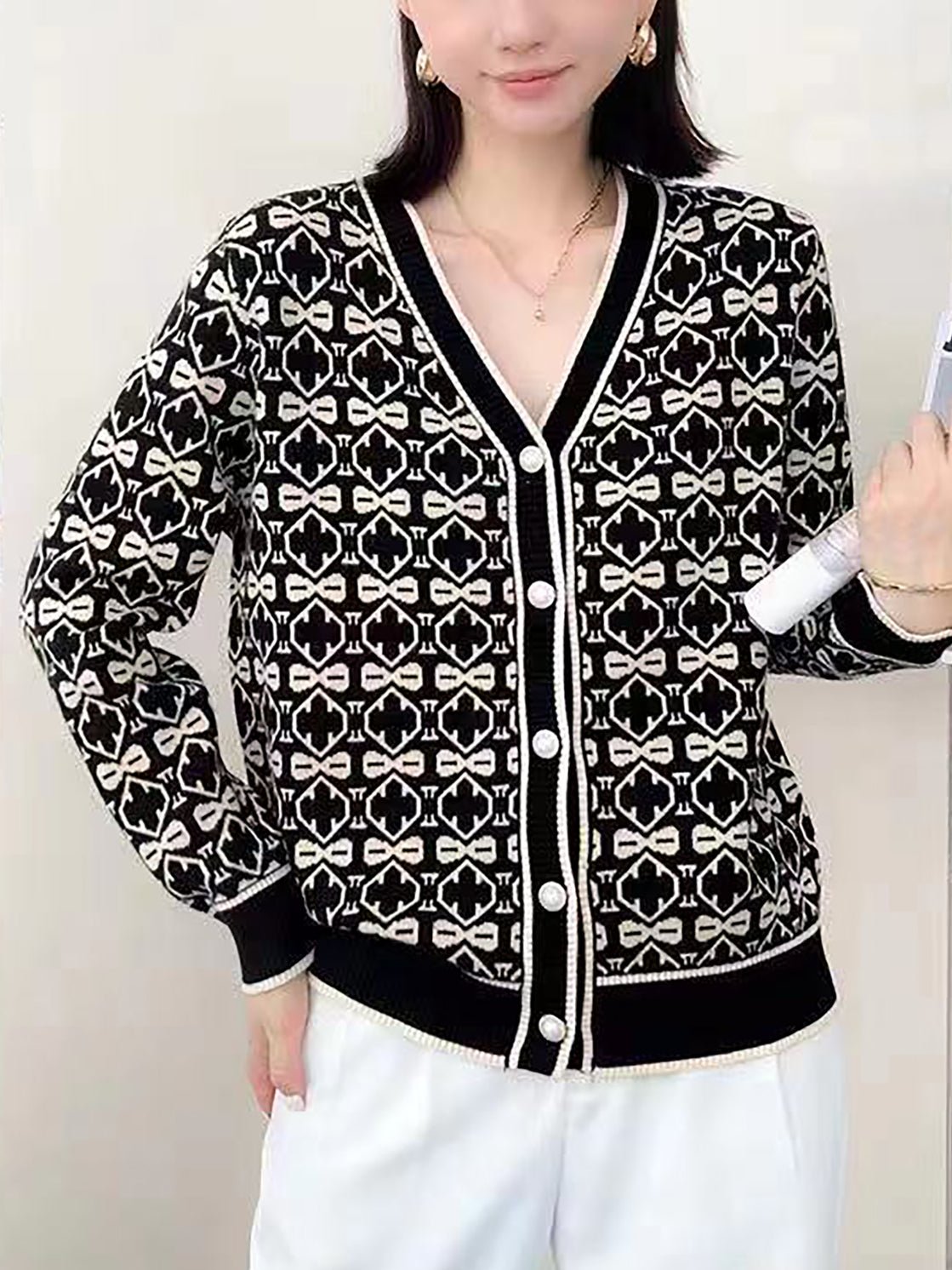 Patterned V-Neck Button Cardigan