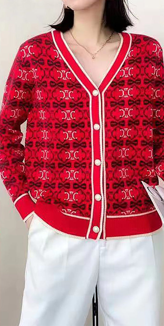 Patterned V-Neck Button Cardigan