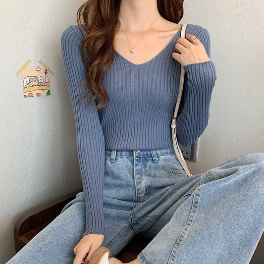 Ribbed V-Neck Winter Top