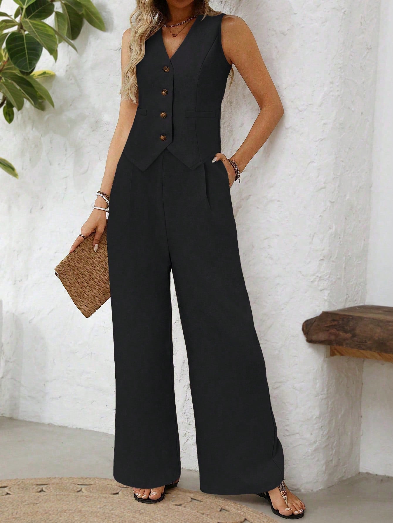 Chiffon Vest & Pleated Straight Pants Set
