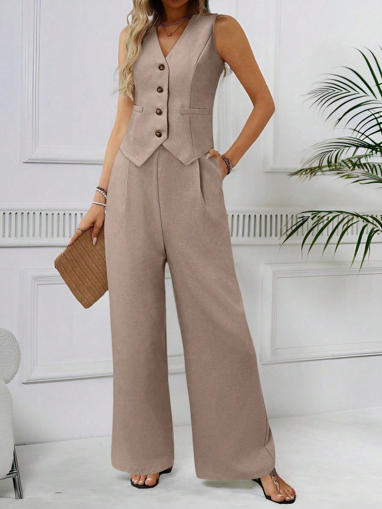 Chiffon Vest & Pleated Straight Pants Set