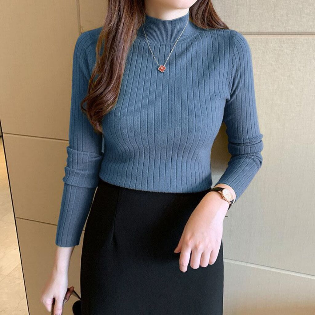 Winter knitted sweater for women half turtleneck solid color hi-neck