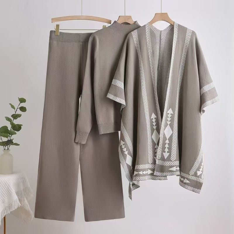 Knit Shawl, Sweater & Wide Pants Set