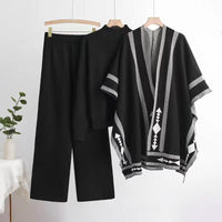 Knit Shawl, Sweater & Wide Pants Set