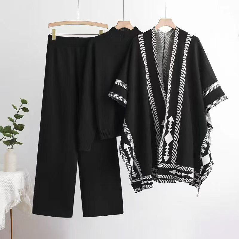 Knit Shawl, Sweater & Wide Pants Set