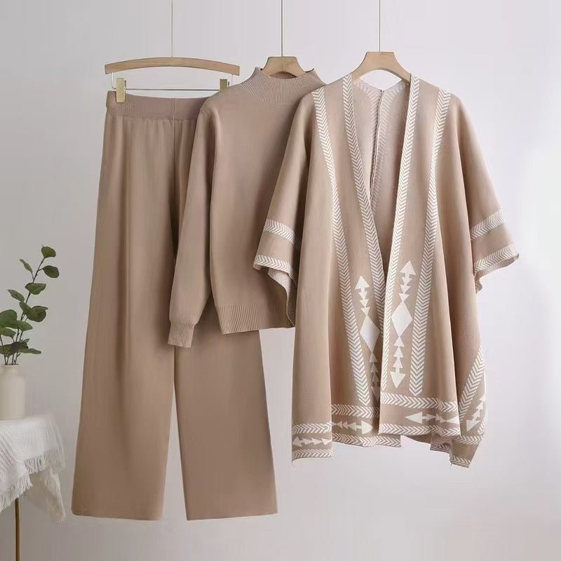 Knit Shawl, Sweater & Wide Pants Set