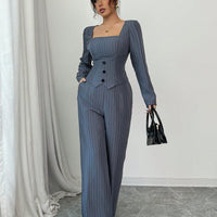 Striped Square Collar Blazer & Pants Set