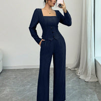 Striped Square Collar Blazer & Pants Set