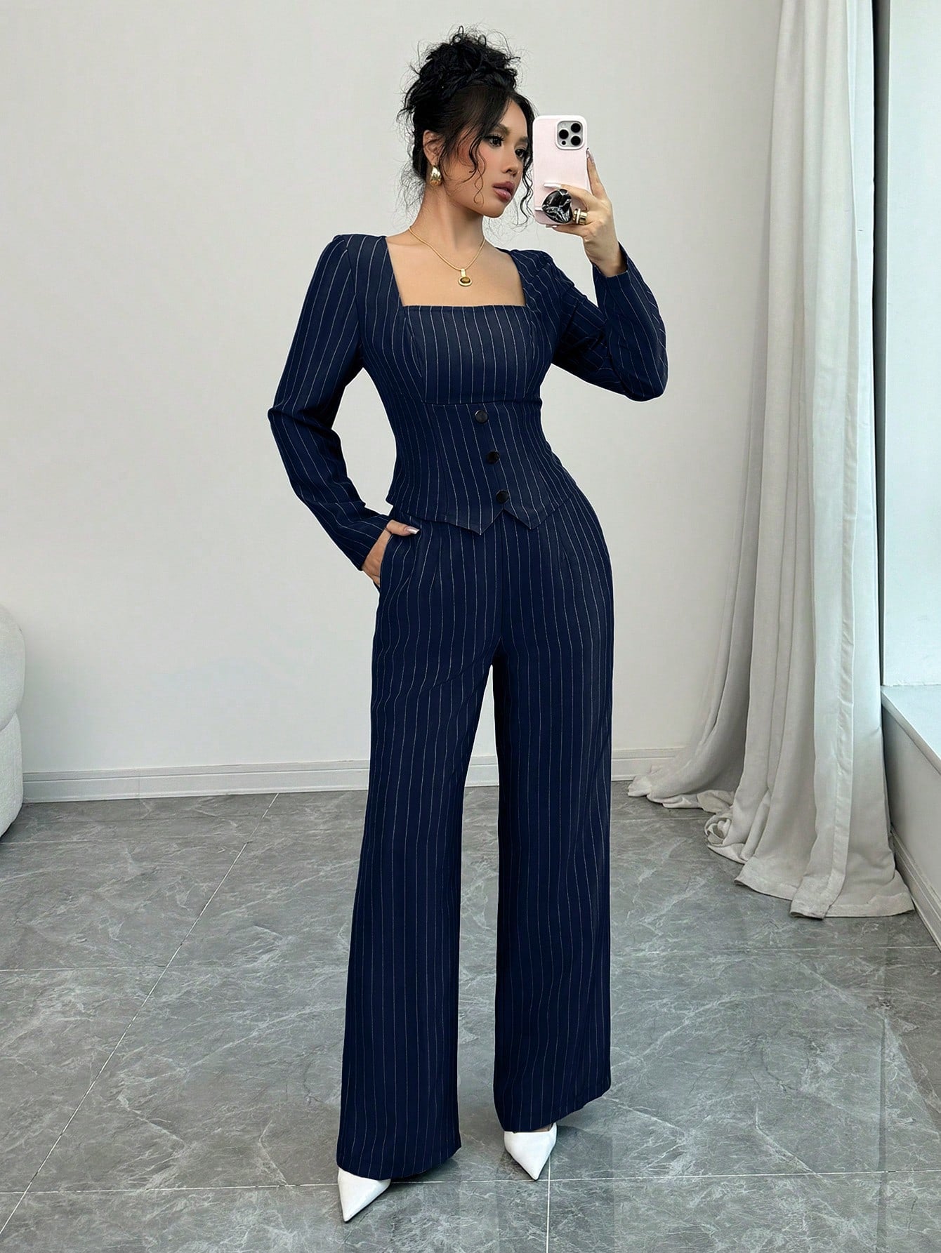 Striped Square Collar Blazer & Pants Set