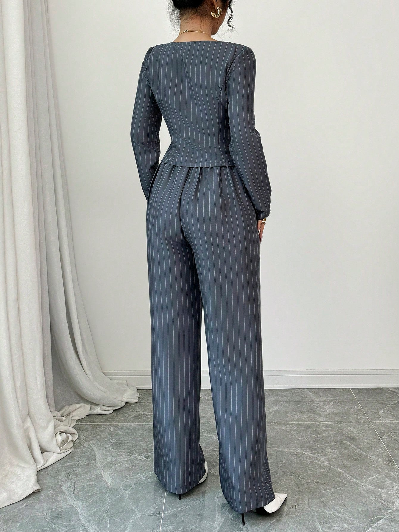 Striped Square Collar Blazer & Pants Set