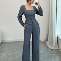 Striped Square Collar Blazer & Pants Set