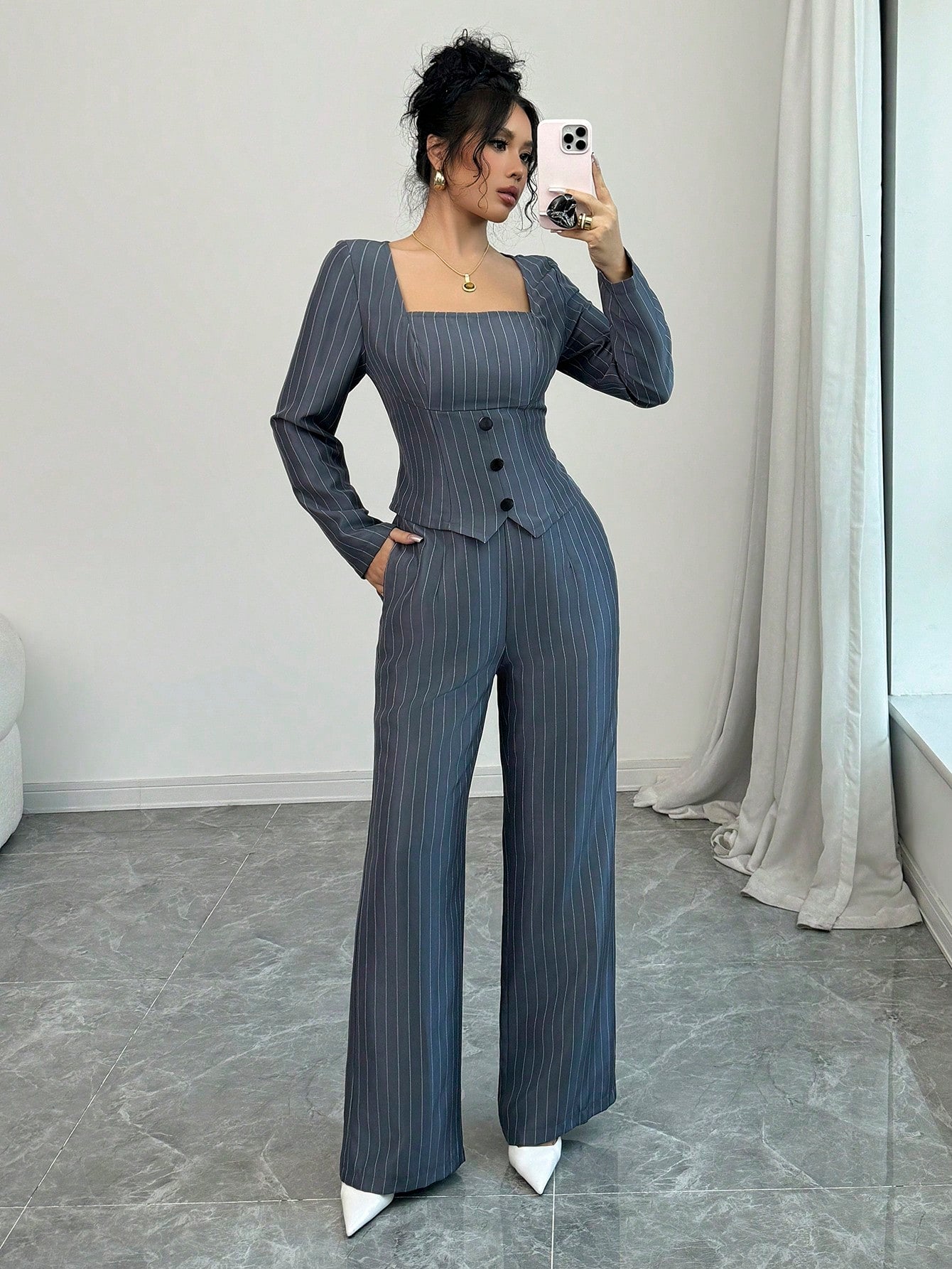 Striped Square Collar Blazer & Pants Set
