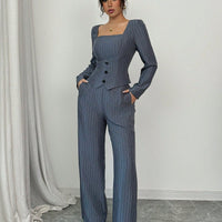 Striped Square Collar Blazer & Pants Set