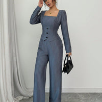 Striped Square Collar Blazer & Pants Set