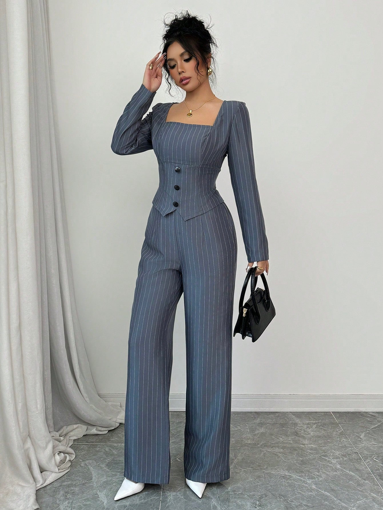 Striped Square Collar Blazer & Pants Set