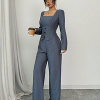 Striped Square Collar Blazer & Pants Set