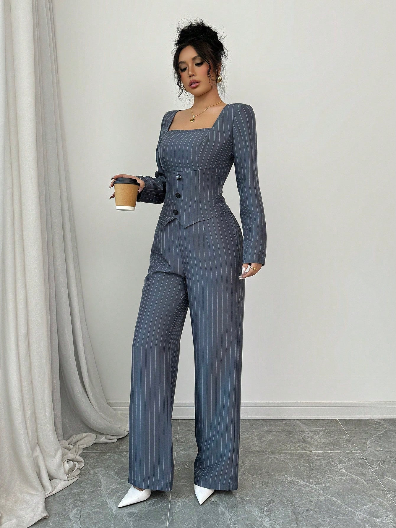 Striped Square Collar Blazer & Pants Set
