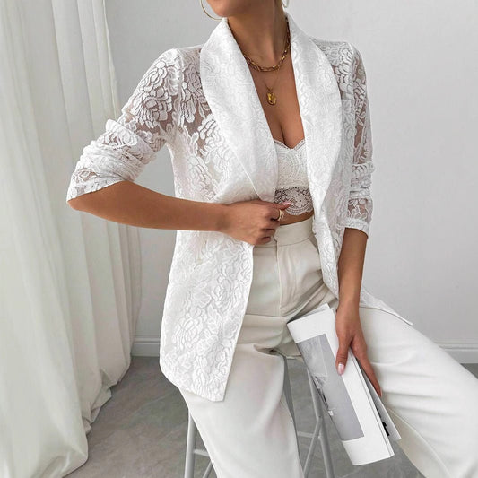 White Lace Embroidery Blazer