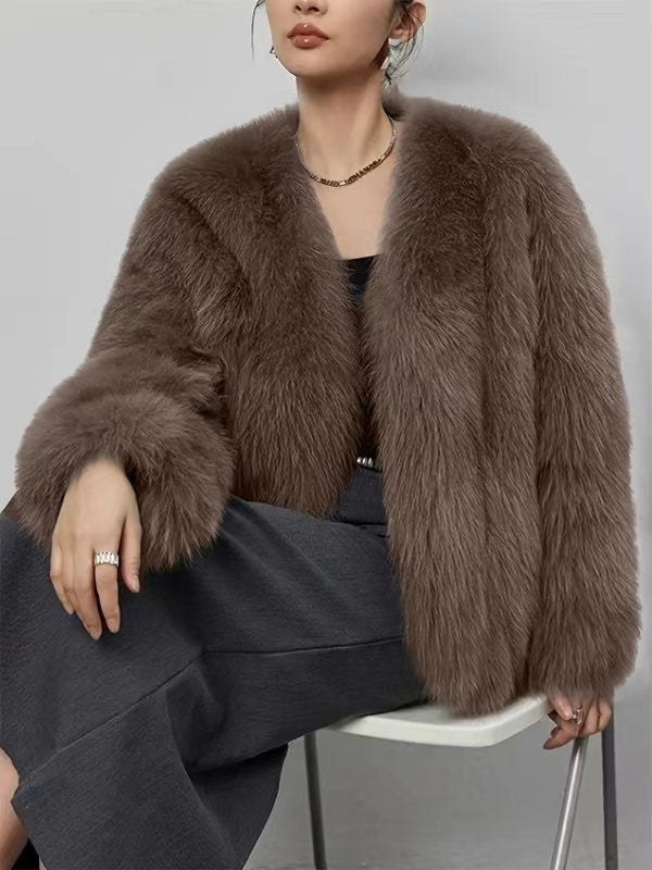 Short Faux Fur V-Neck Coat