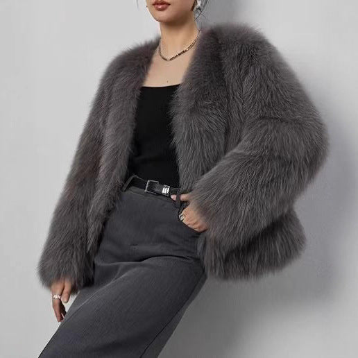 Short Faux Fur V-Neck Coat