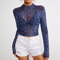 Mesh Print Stand Collar Cropped Tee