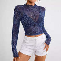 Mesh Print Stand Collar Cropped Tee