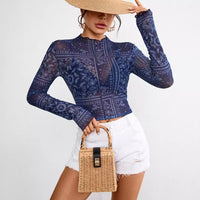 Mesh Print Stand Collar Cropped Tee