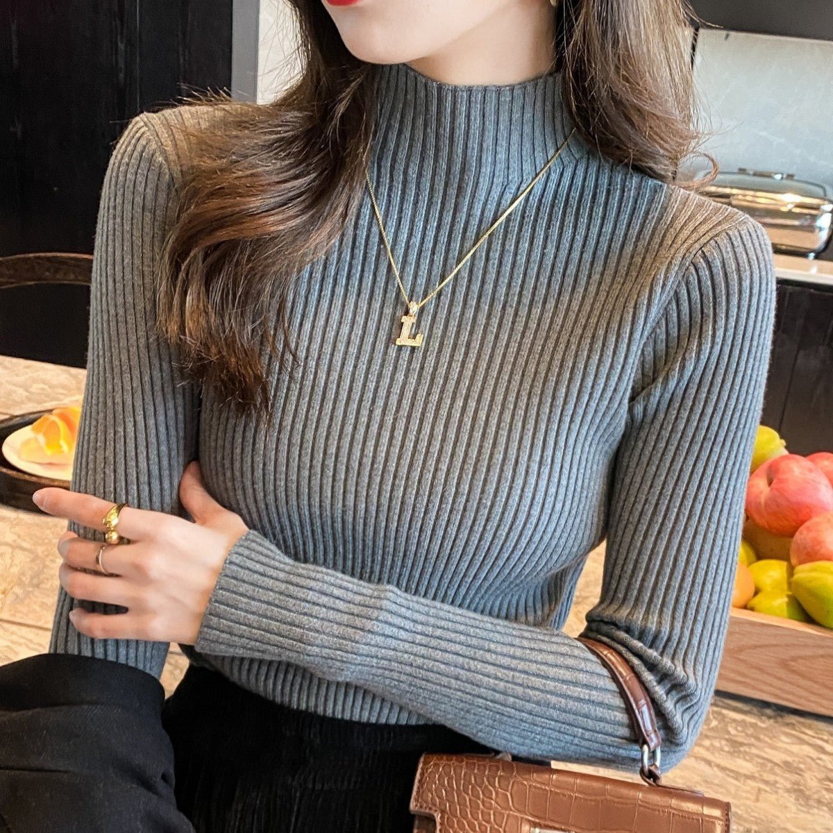 Slim Semi-Turtleneck Core-Spun Pullover
