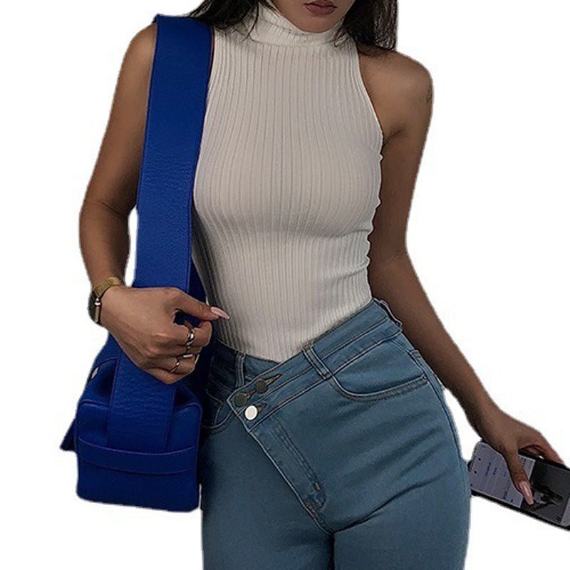 Women’s Solid Color High Collar Sleeveless Sweater