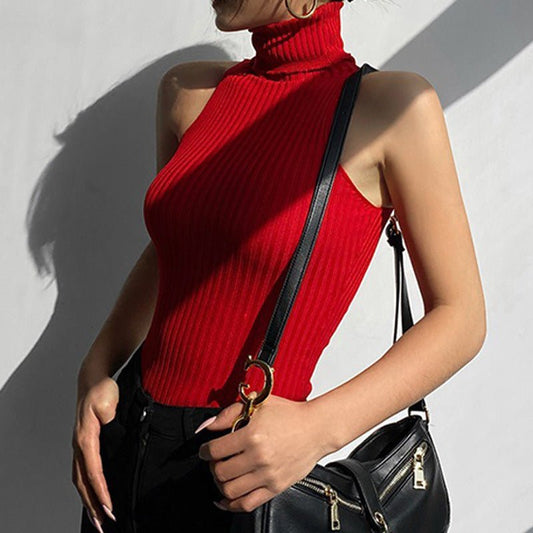Women’s Solid Color High Collar Sleeveless Sweater