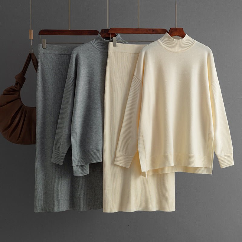 Semi-Turtleneck & Knit Hip Skirt Set