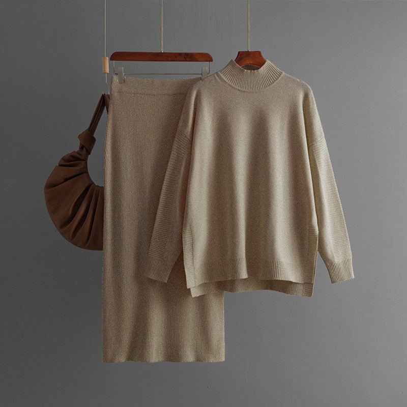 Semi-Turtleneck & Knit Hip Skirt Set