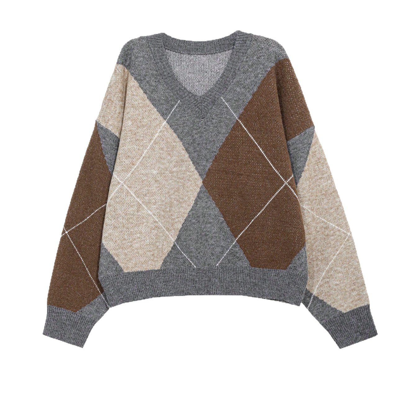 Women’s V-Neck Rhombus Color-Block Sweater – Mori Wind Loose Pullover